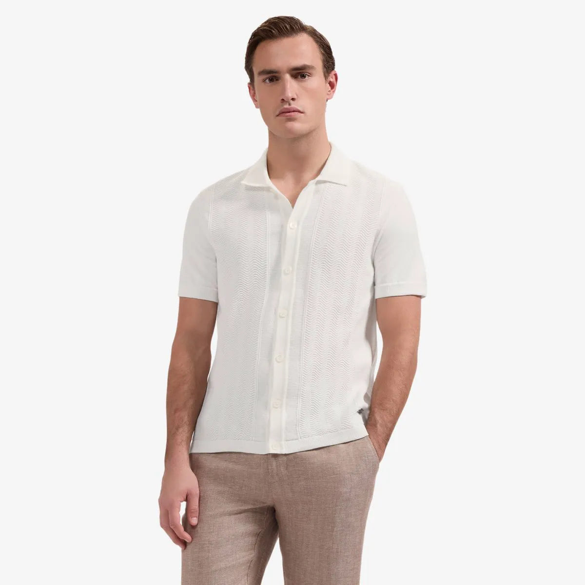 Bugatchi Full Button Short Sleeve Polo Sweater - Ivory