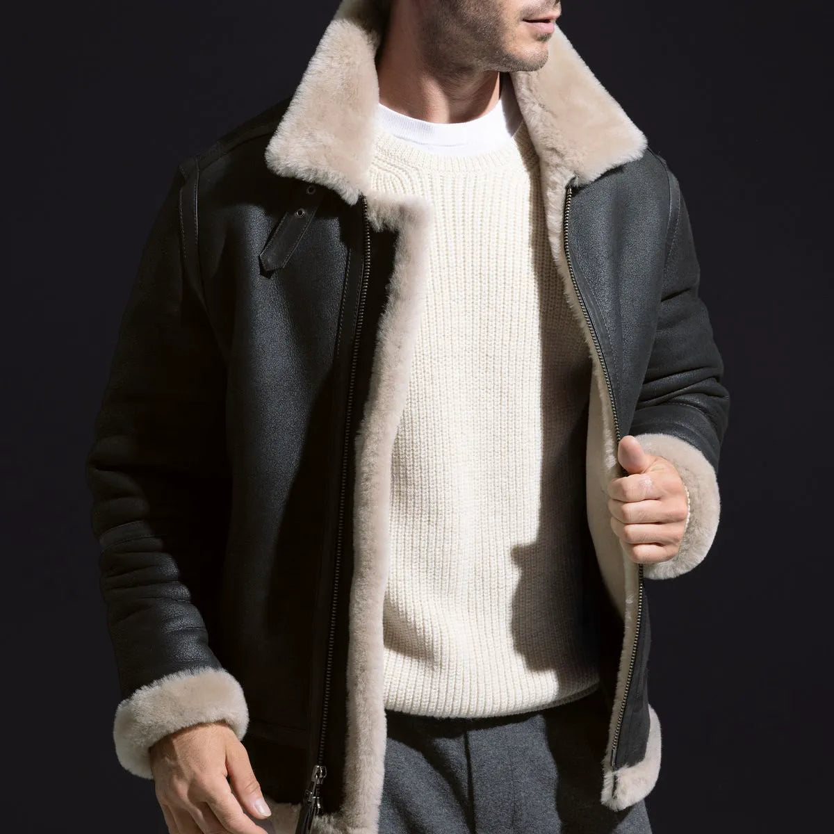 Shearling Aviator Jacket - Black