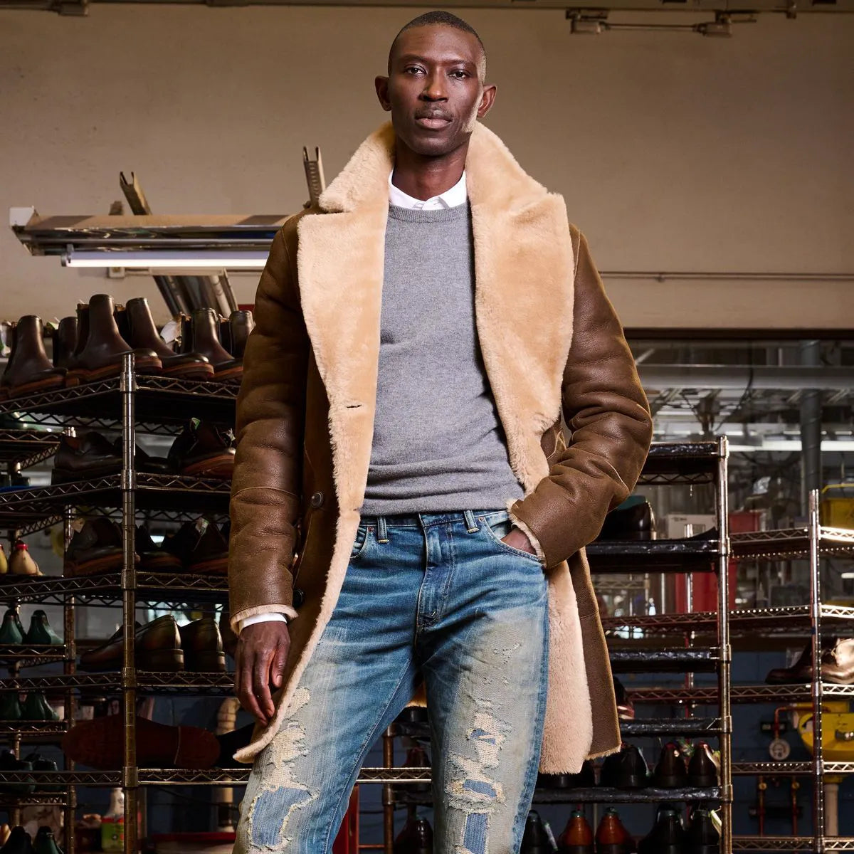 Double Breasted Shearling Coat - Brown