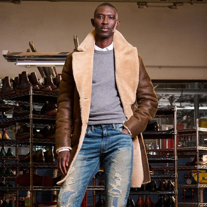 Double Breasted Shearling Coat - Brown