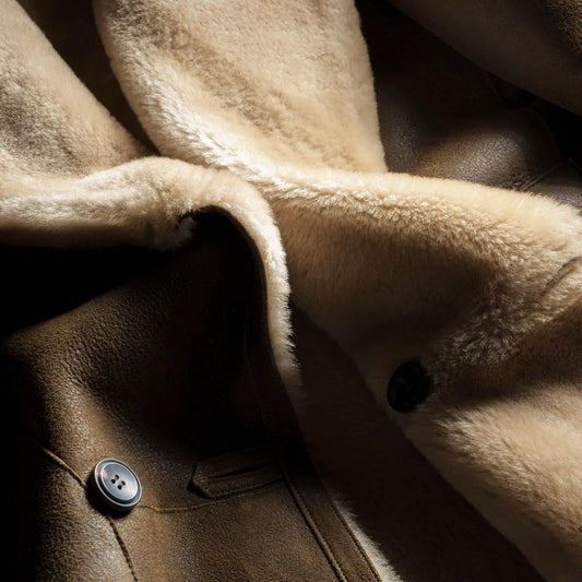 Double Breasted Shearling Coat - Brown