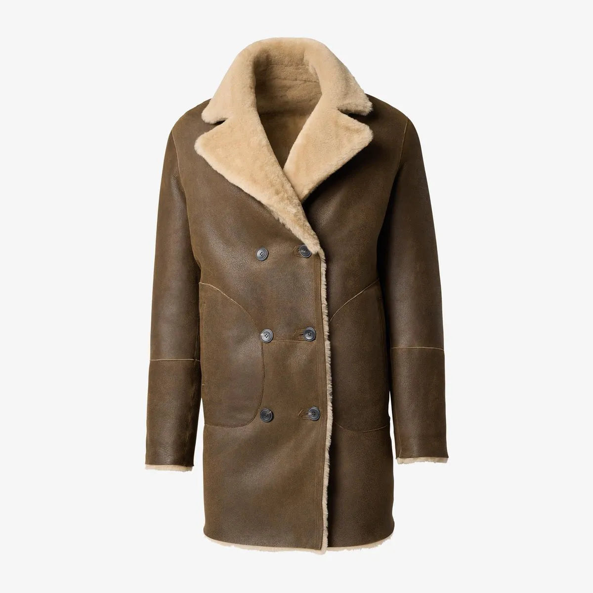 Double Breasted Shearling Coat - Brown